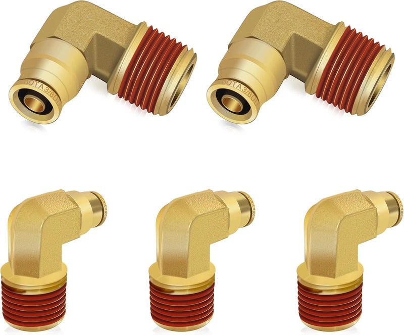 Siptenk 3/8" Elbow DOT Brass Push to Connect Air Line Fittings 5 PCS, 3/8" OD Tube x 1/2" NPT Thread Air Brake Line Quick Connect Fittings for Truck Trailers Industry Air System - Image 1